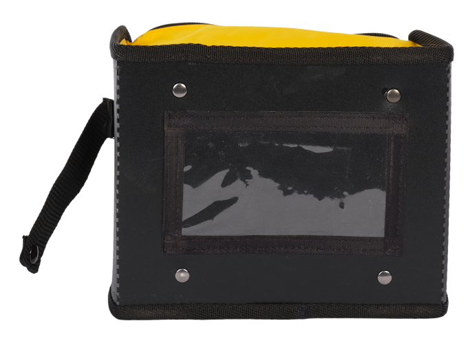 Détail du sac à chèques semi-rigide montrant le porte étiquette 130x90mm