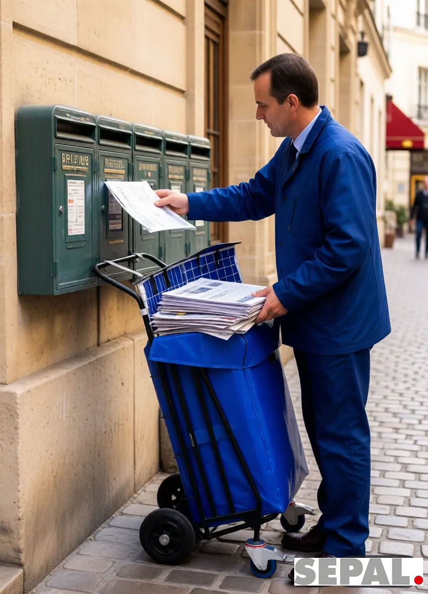 Personne distribuant des journaux dans une boite aux lettres avec l'aide d'un chariot TR034