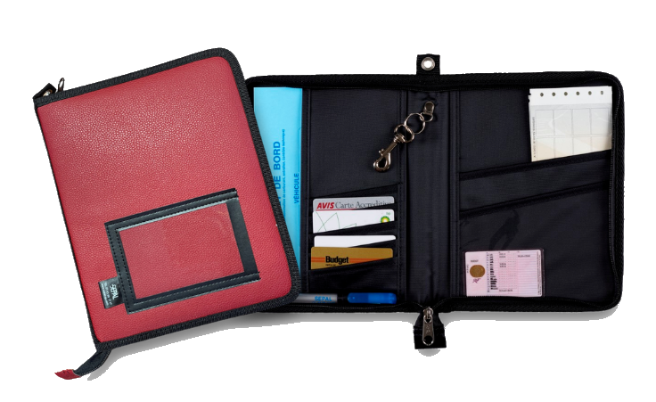 pochette document véhicule A5 rouge vue de face fermée et vue ouverte